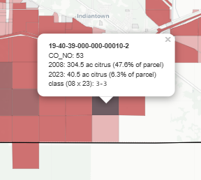 Parcel popup showing 2008 and 2023 citrus acreage and bivariate class